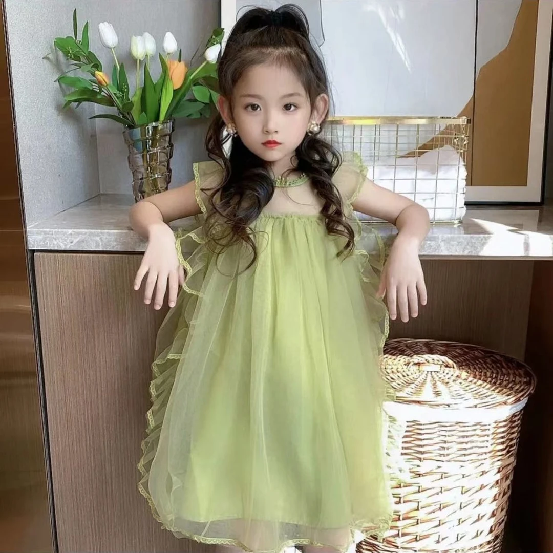 女童夏季连衣裙2025新款儿童中大童优雅甜美公主裙蕾丝花边网纱裙