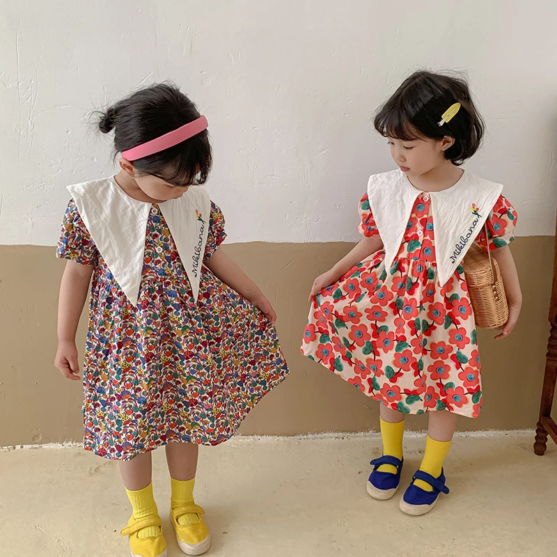 【夺目】女童碎花连衣裙洋气中小童刺绣玫瑰花短袖棉布a字裙