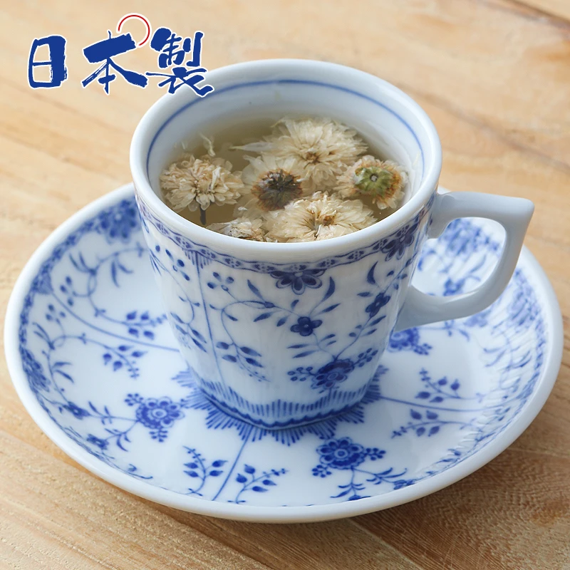 日本进口美浓烧Bloom陶瓷咖啡杯釉下彩青花唐草复古带碟茶杯水杯