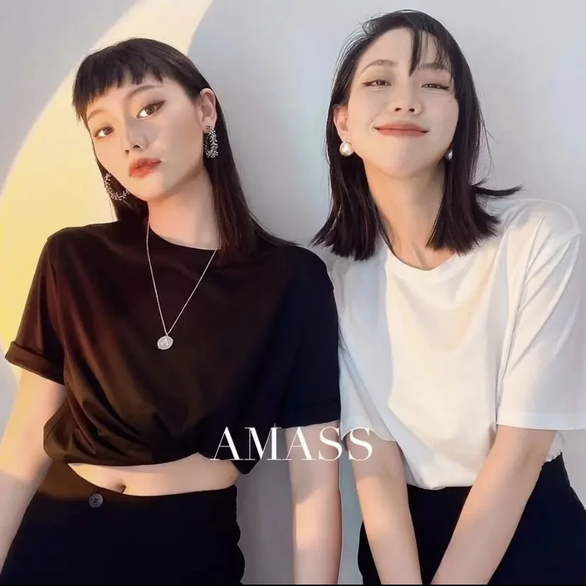 AMASS【黑·白经典】宽松百搭时尚ins简约纯色圆领素面T恤女5300793