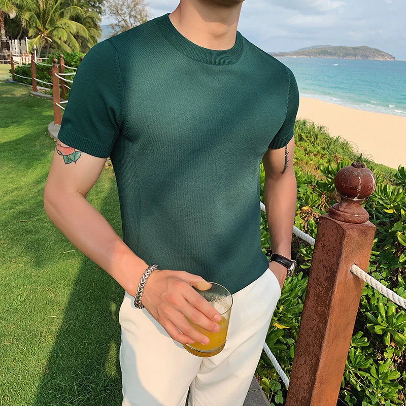 猎撒夏季冰丝圆领短袖T恤青年纯色百搭修身针织打底衫休闲体恤