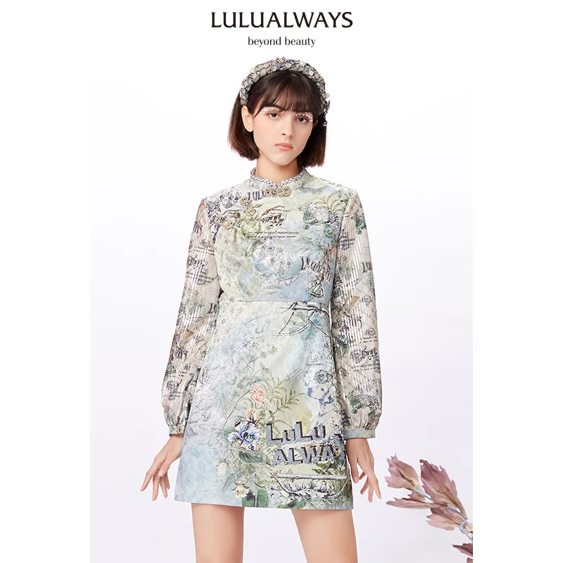 LULUALWAYS春季复古气质宽松印花女装连衣裙LNA5068