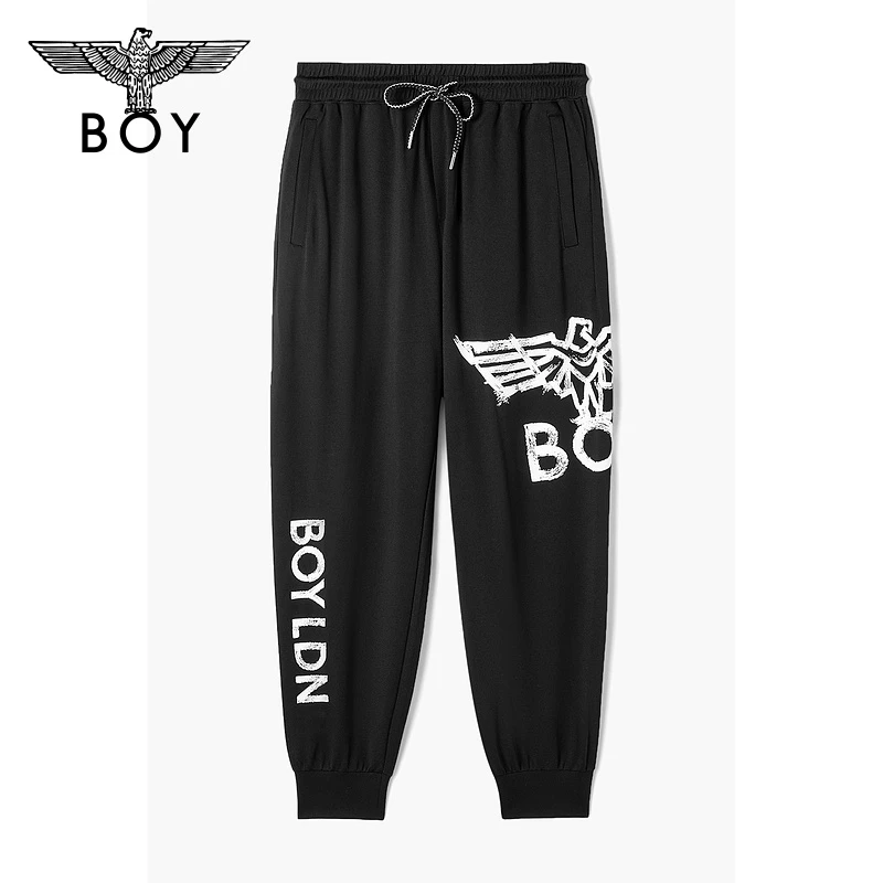 BOYLONDON长裤男女同款春夏季新品黑色大老鹰烫金针织长裤 N15002