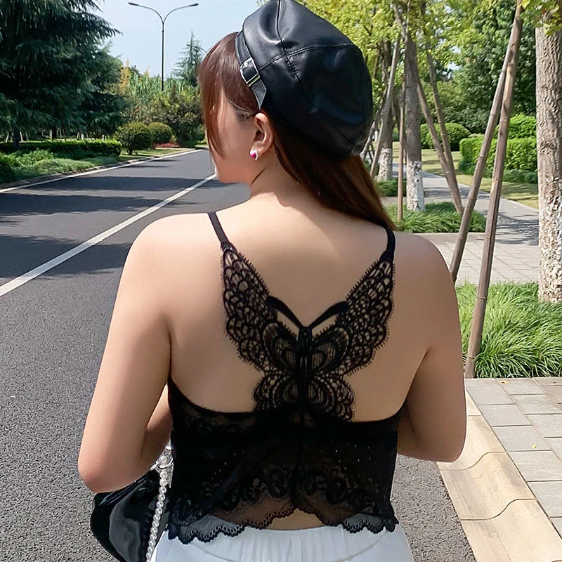 989蝴蝶水溶花夏季蕾丝美背打底背心常规款加肥款百搭性感吊带