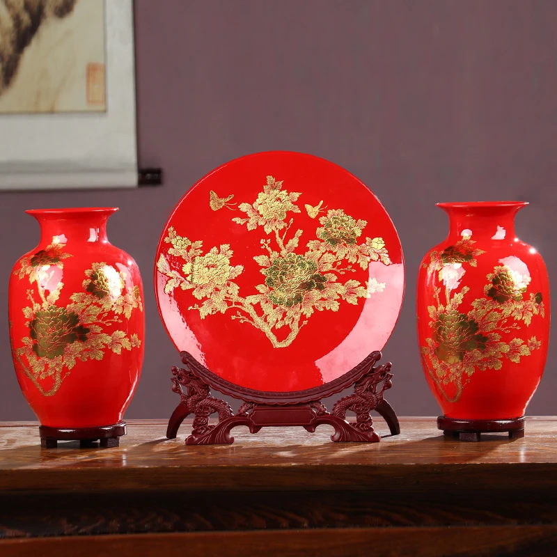 红金沙冬瓜三件套花瓶摆件景德镇博古架电视柜客厅现代中式装饰品