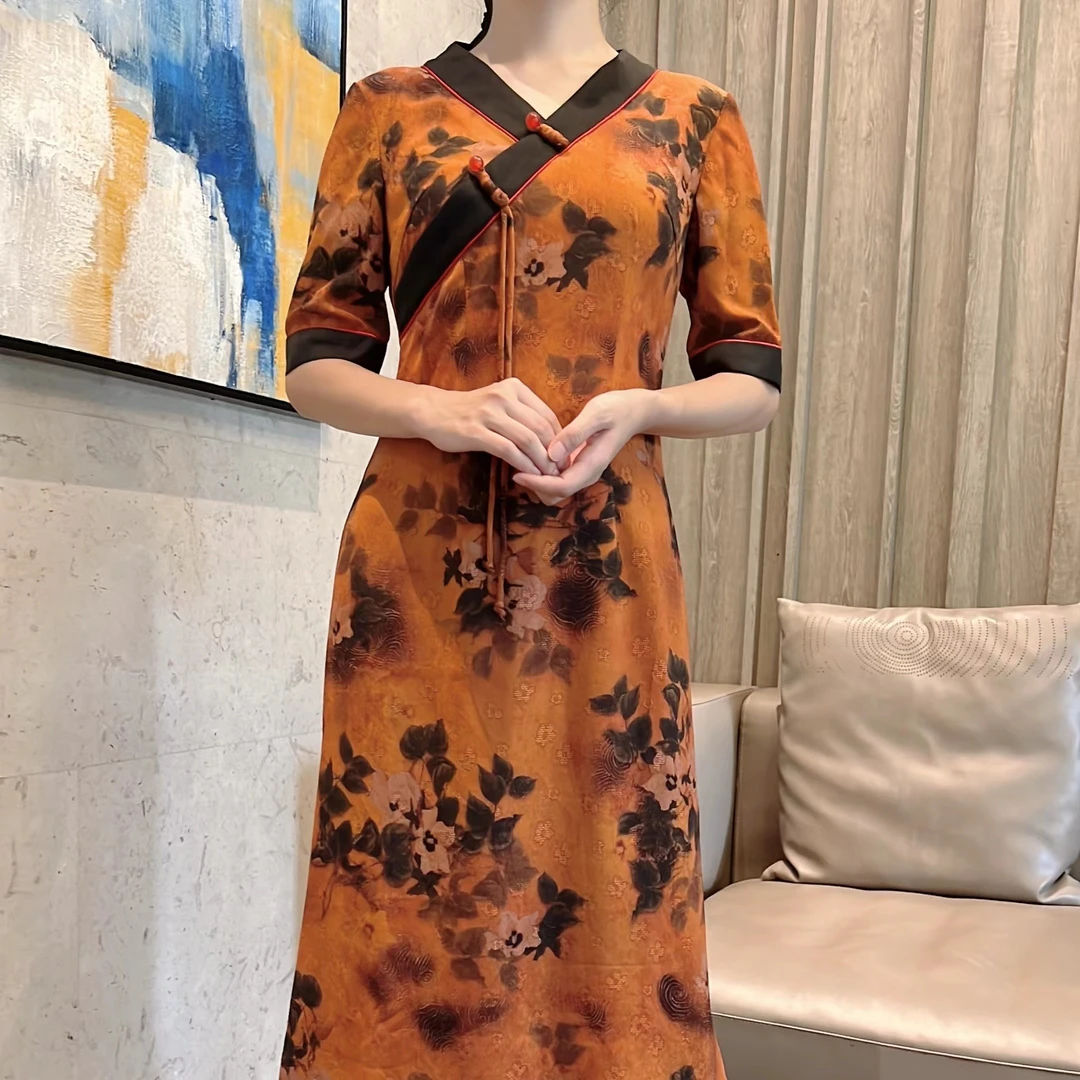 壹玺旗袍——高端修身日常大摆花萝长款汉服领宽松旗袍裙旗袍