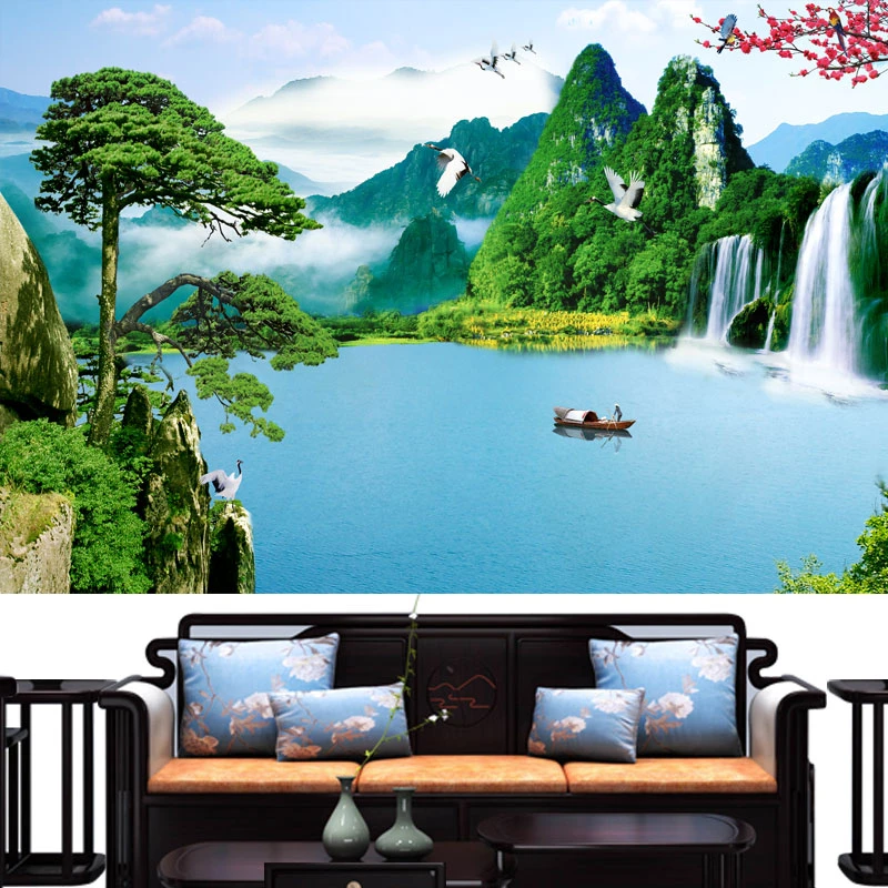 山水画流水生财贴画黄果树风景画小尺寸小幅墙贴自粘贴纸背景风水