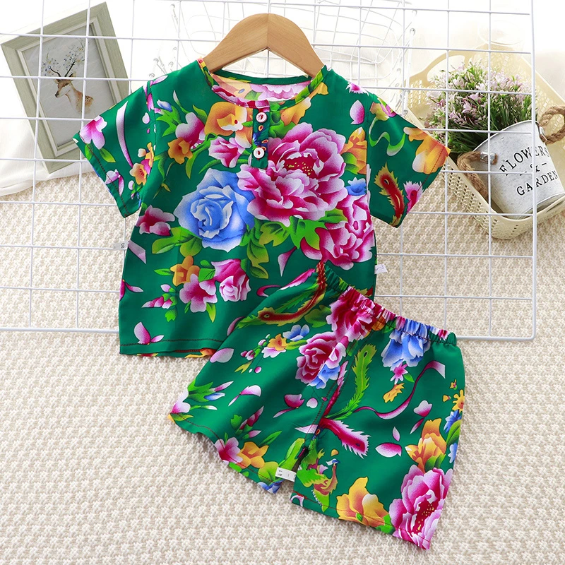 儿童夏季薄款睡衣民族东北大花布家居服宝宝套装东北大花套装