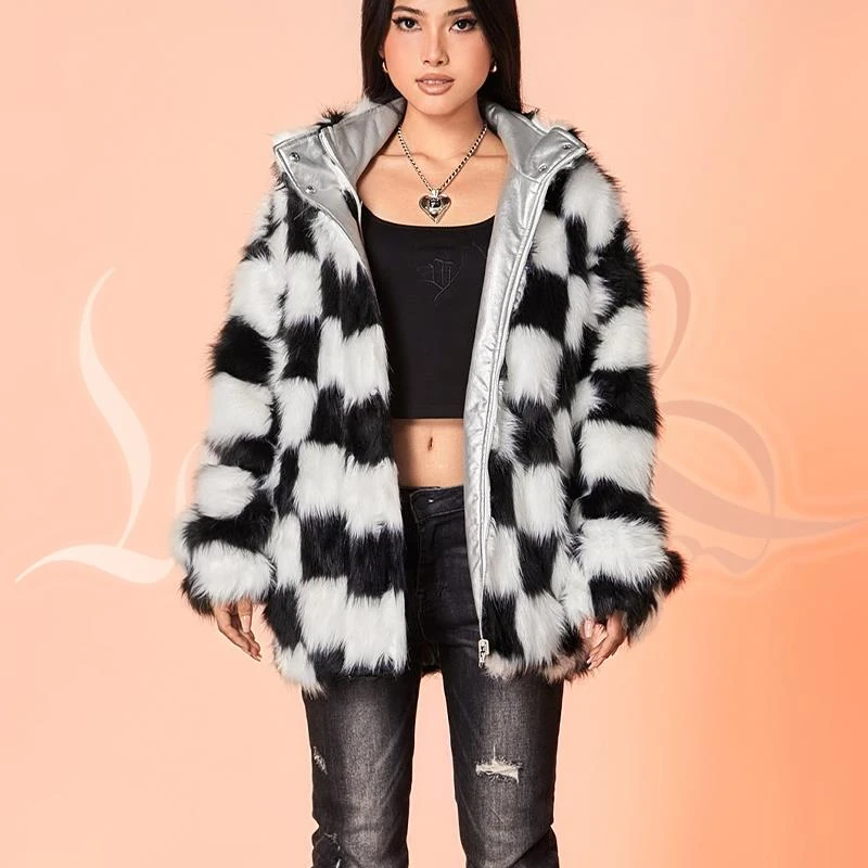 [133] 原创重磅双面两穿 黑白棋盘格仿皮草外套 秋冬女款