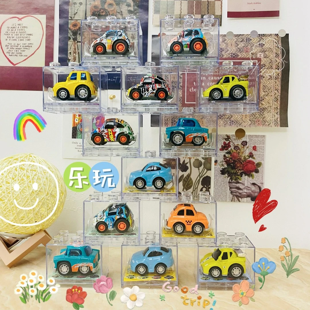 【五只装】Q版合金车积木亚克力盒装儿童玩具车摆件回力3-6岁益智