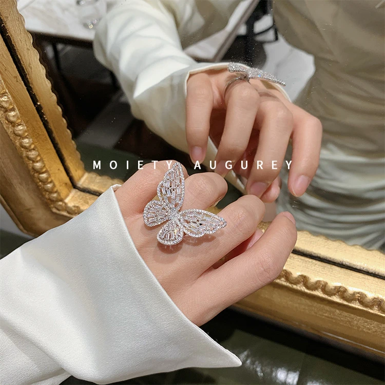 韩国东大门时尚仙女锆石水钻蝴蝶开口戒指ins网红冷淡风夸张指环