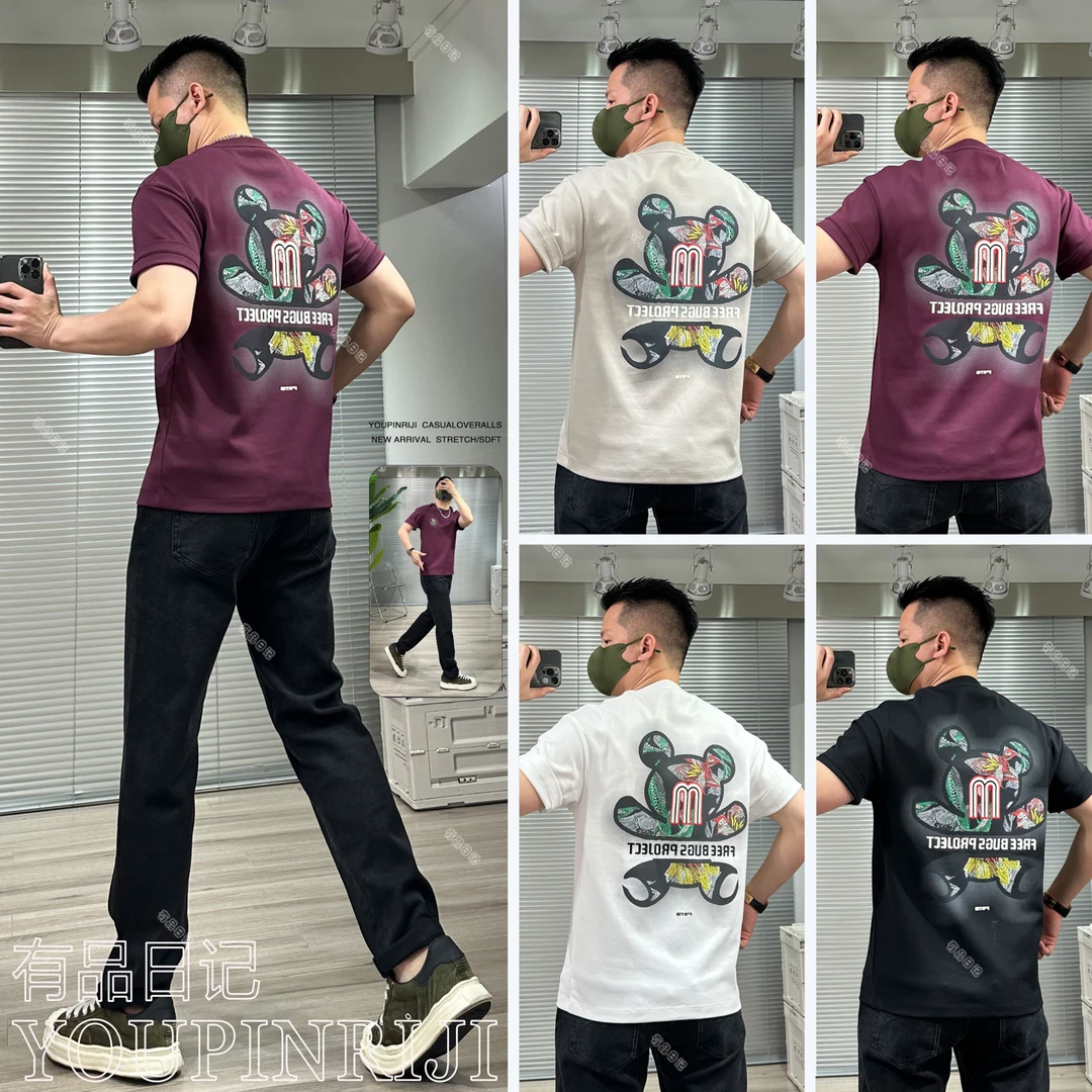 新款重磅潮牌M小熊短袖T恤美式圆领字母宽松纯男女情侣棉夏季爆款