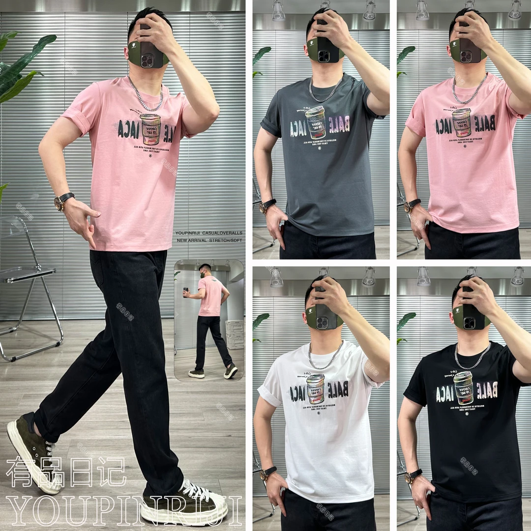 新款潮牌咖啡字母短袖T恤美式印花宽松圆领凉感休闲纯男棉夏季爆