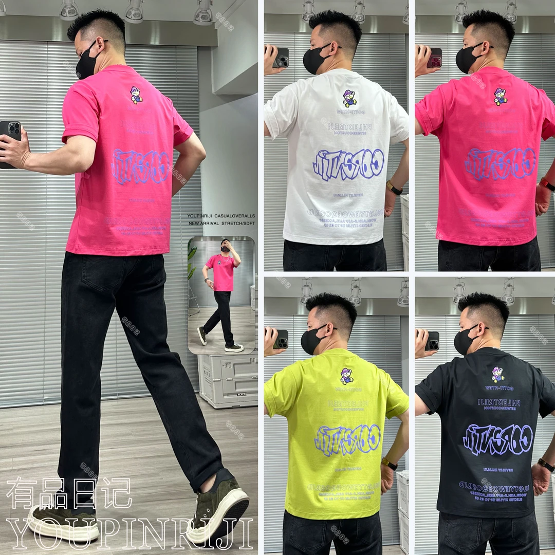 潮牌卡通刺绣字母短袖T恤美式宽松版纯圆领重磅棉男士夏季新爆款