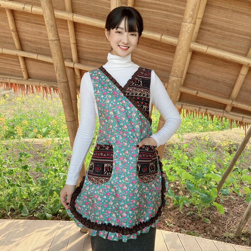 【F30197绿色小花防水】防水V领花边拼色围裙家用防污复古成人