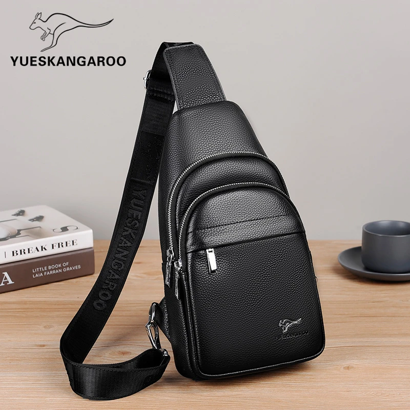 麦克袋鼠男包真皮胸包男士头层牛皮斜挎包荔枝纹时尚休闲潮流背包