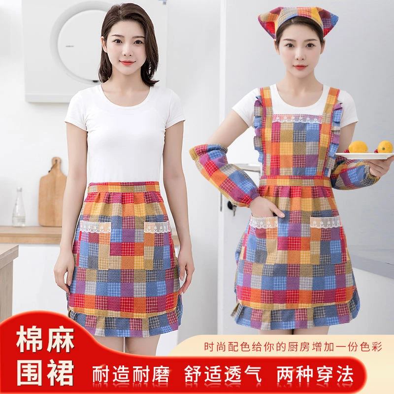 围裙女新款家用厨房棉布背带双层专用透气成人上班耐脏时尚工作服