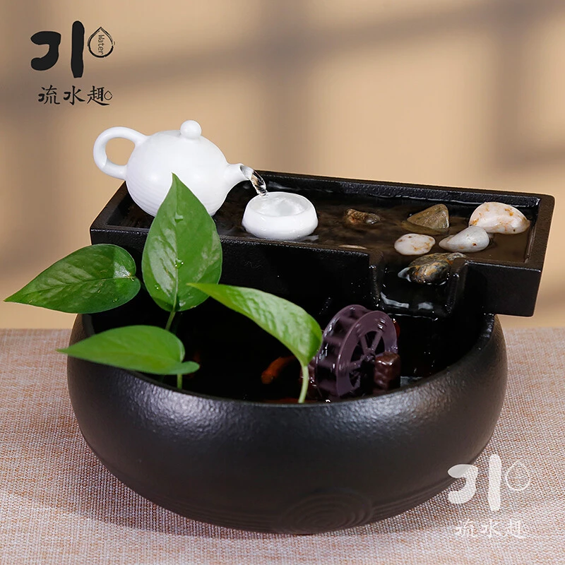 流水趣流水摆件办公客厅家居玄关风水轮桌面小型鱼缸雾化加湿