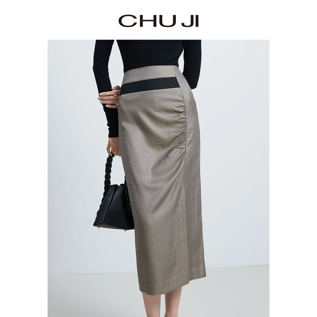 Chuji/出迹早秋款撞色拼黑设计千鸟格半身裙 22W042L气质开叉时尚