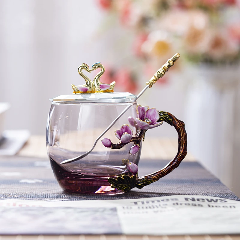 高端茶器珐琅彩水晶玻璃杯ins风女神杯子欧式套装带盖带把奢华