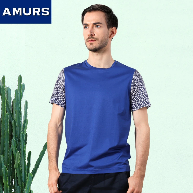 Amurs/爱缪斯夏季新款桑蚕丝混纺圆领t恤 时尚休闲拼接体恤衫