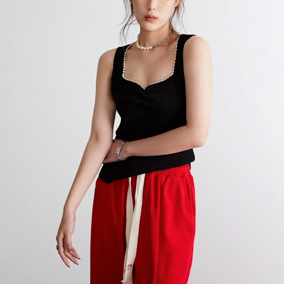 晶咕晶咕大码女装珍珠设计感针织背心吊带内搭夏外穿短款胖mm显瘦