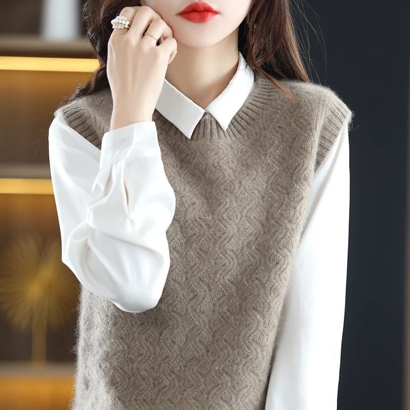 秋冬新款【重磅推荐】圆领100羊毛镂空马甲女加厚纯色宽松上衣