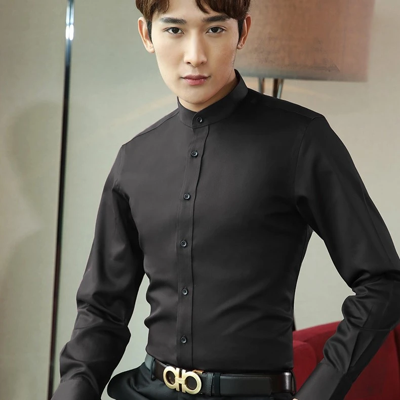 HXHCWYA男士高端立领长袖衬衫棉质白色免烫商务休闲婚礼圆领衬衣