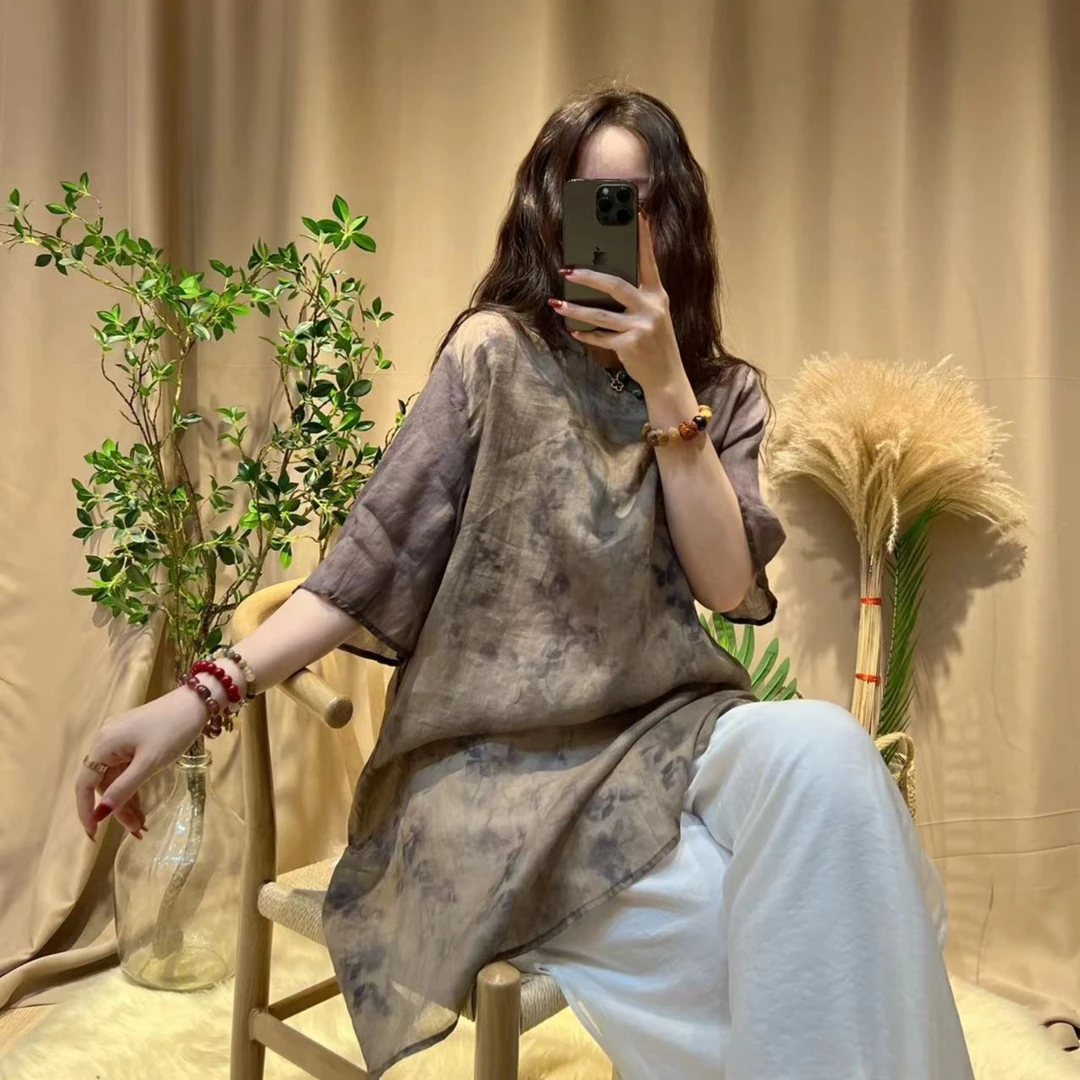 夏季新款复古文艺[UNK]麻印花斜襟盘扣中长款衬衫衬衣女装C19