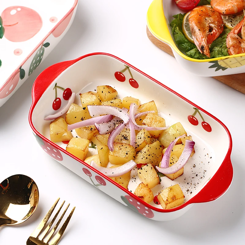 水果网红款高颜值可爱双耳陶瓷烤盘子家用长方形烤碗焗饭碗早餐盘