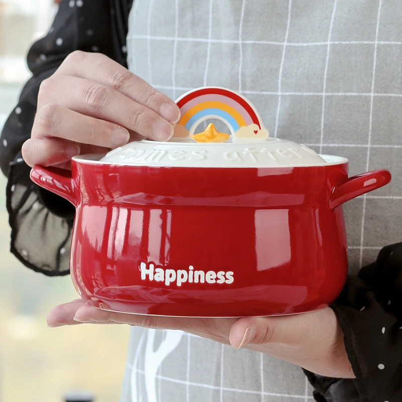 彩虹高颜值陶瓷双耳泡面碗带盖学生宿舍家用餐具方便面卡通汤碗