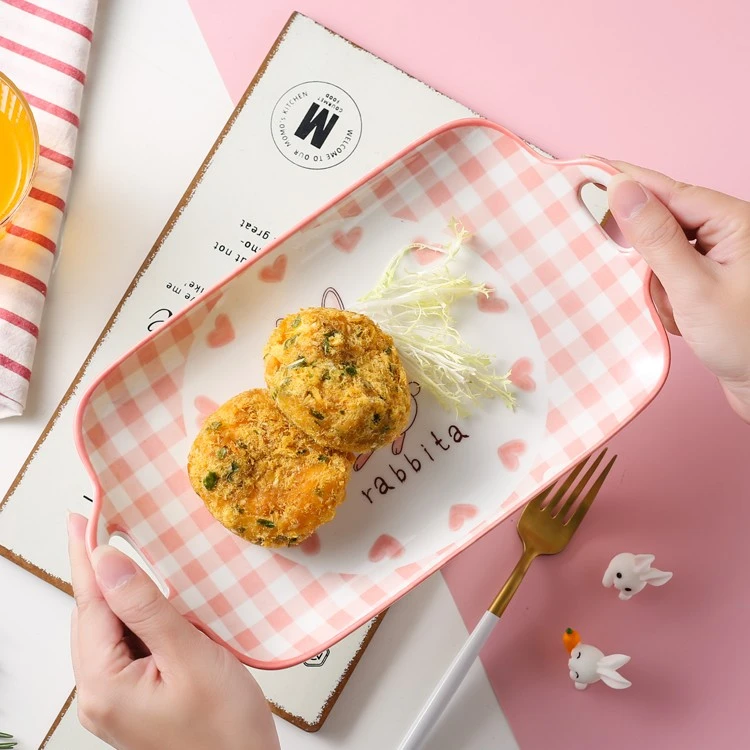 粉格兔双耳长方陶瓷鱼盘*1个