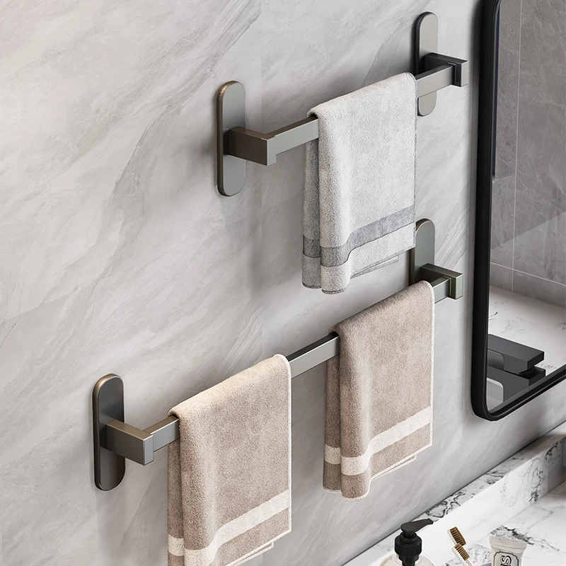 卫生间免打孔壁挂式毛巾杆浴室单杆枪灰毛巾架浴巾收纳架置物挂架