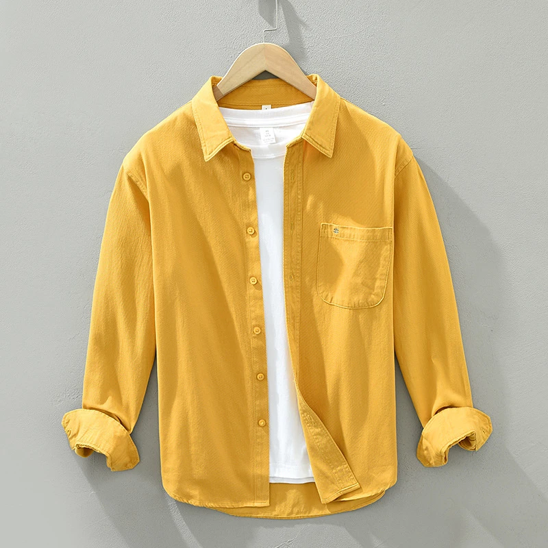 新款百搭刺绣衬衫清新纯色宽松衬衣休闲百搭口袋上衣外套男士长袖