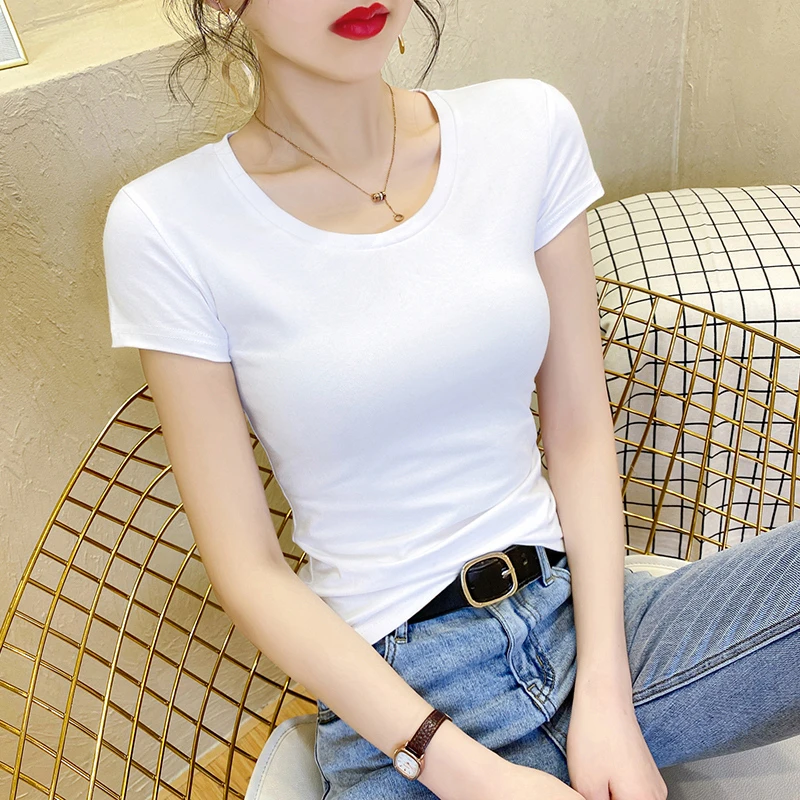 修身短袖t恤女白色紧身棉质体恤2024新款夏季半袖内搭打底衫上衣