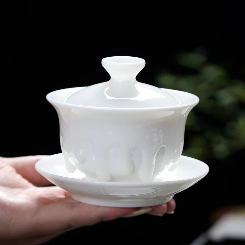 御凡羊脂玉白瓷徐福坤大师富得流油三才盖碗茶杯陶瓷功夫茶具茶碗