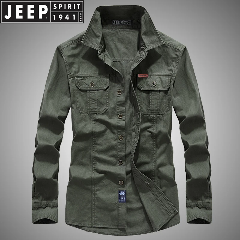 JEEP吉普长袖衬衫男士春秋季宽松大码衬衣纯棉工装外套休闲上衣服