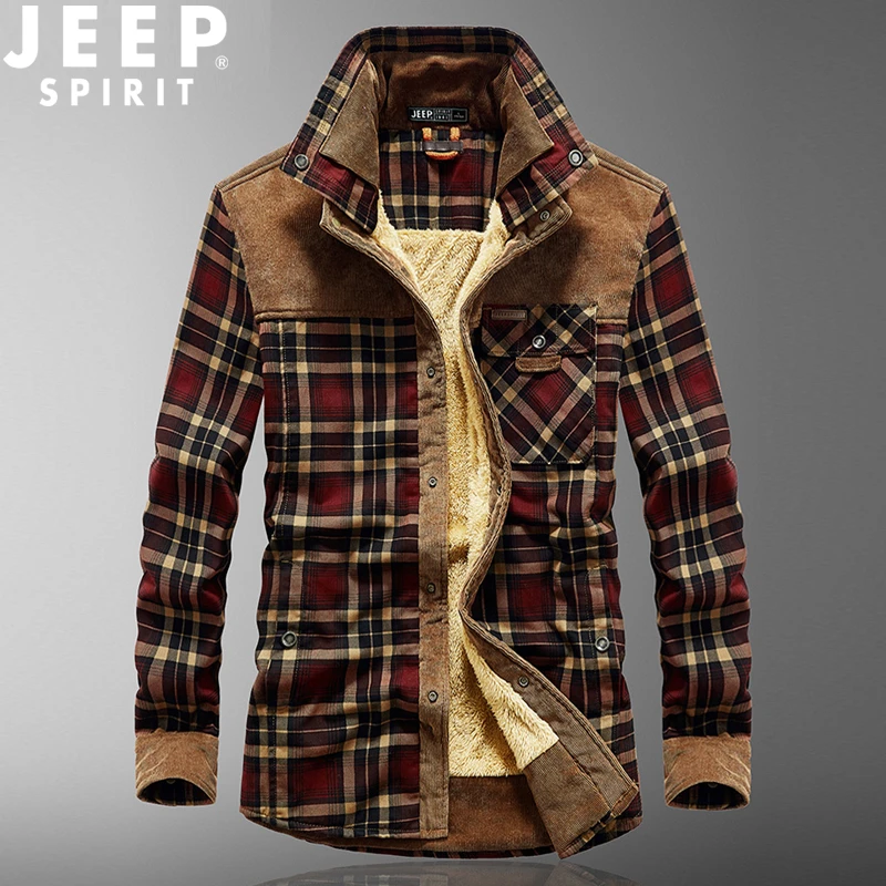 JEEPSPIRIT加绒衬衫男士秋冬季纯棉加厚羊羔绒保暖长袖衬衣男上衣
