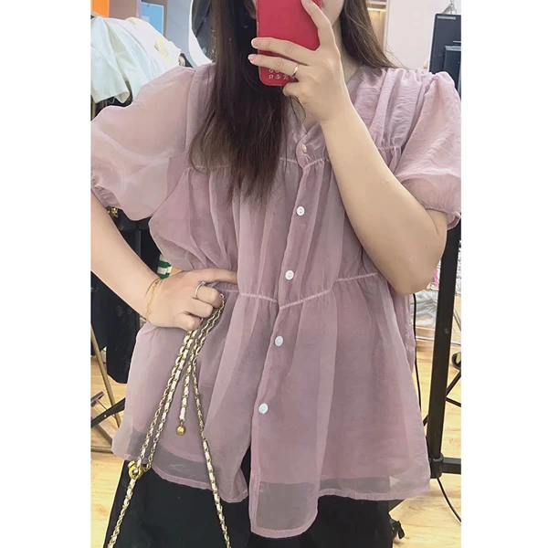 琴宝大码女装2022夏季新款韩版V领温柔风打褶泡泡袖气质短袖上衣