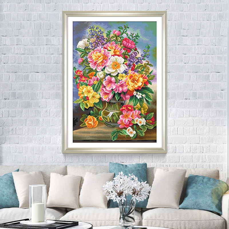 KS十字绣烂漫牡丹花满绣简约粉色无勾边102色67 x 92cm