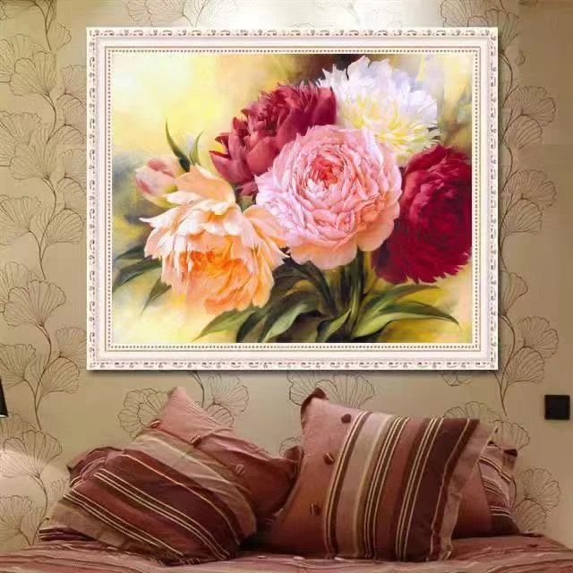 新款满绣牡丹花十字绣卧室手工绣花卉小幅