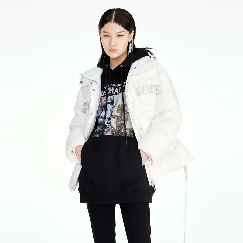 uti白色流苏休闲立领羽绒服女 外搭白鸭绒上衣潮尤缇时尚冬季新款