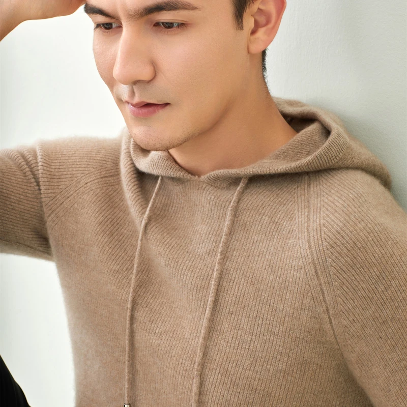 高端男士100纯山羊绒连衣帽双股加厚帽衫宽松休闲针织衫HH--008