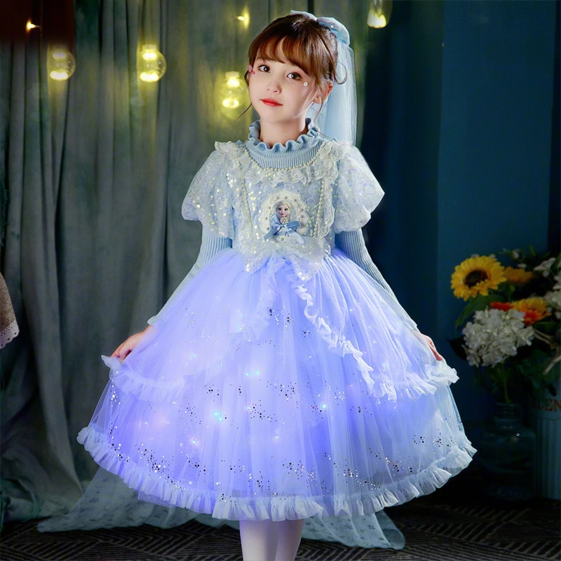 女童发光爱莎公主裙子小女孩秋冬装新款宝宝蓬蓬纱花童洋气毛衣裙