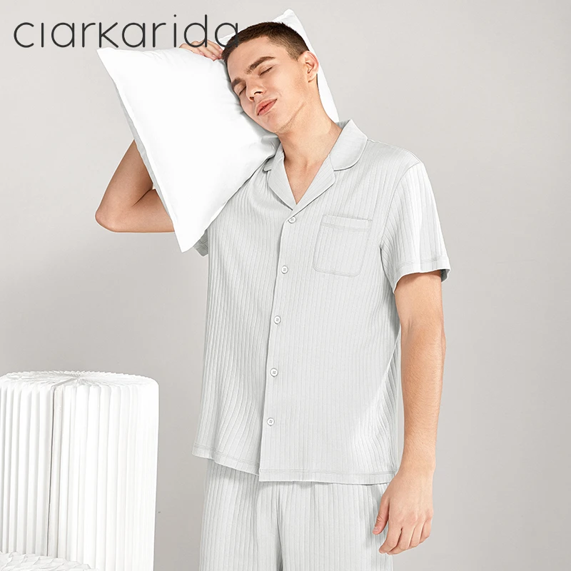 Clarkarida棉睡衣男士夏季薄款短袖短裤棉家居服套装可外穿宽松