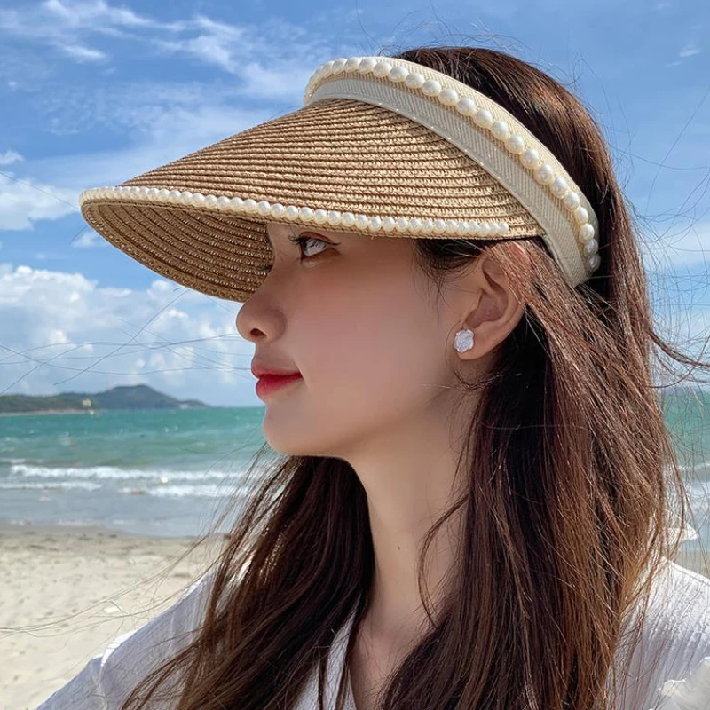纯萃美新珍珠百搭贝壳帽夏季沙滩防晒时尚太阳空顶帽平顶帽子户外