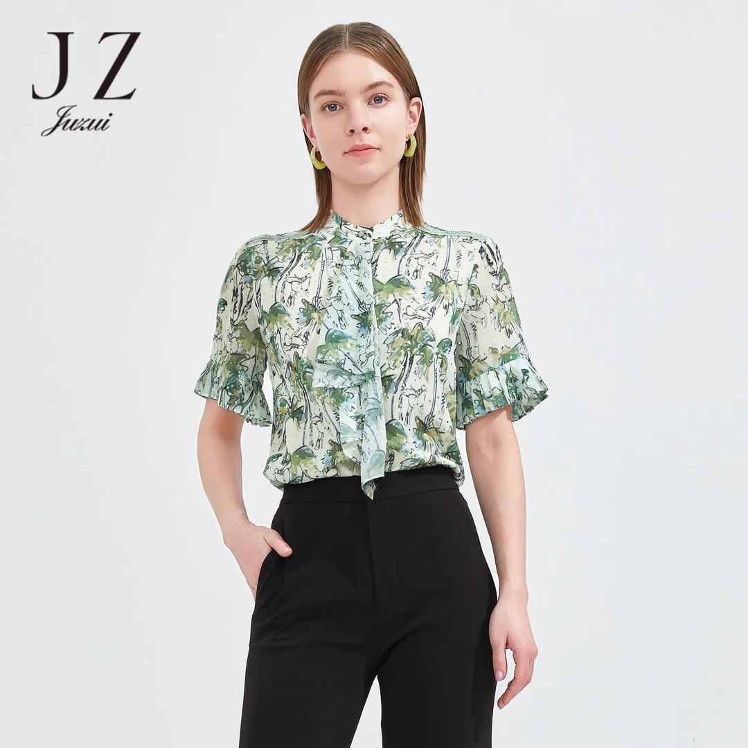 JZ玖姿-JWBX60207商场同款立领飘带单上衣夏季新款椰树短袖小衫