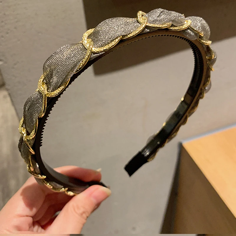 铜合金布艺发饰 铜合金布艺发饰 合金发饰发箍纱链条发卡带齿防滑