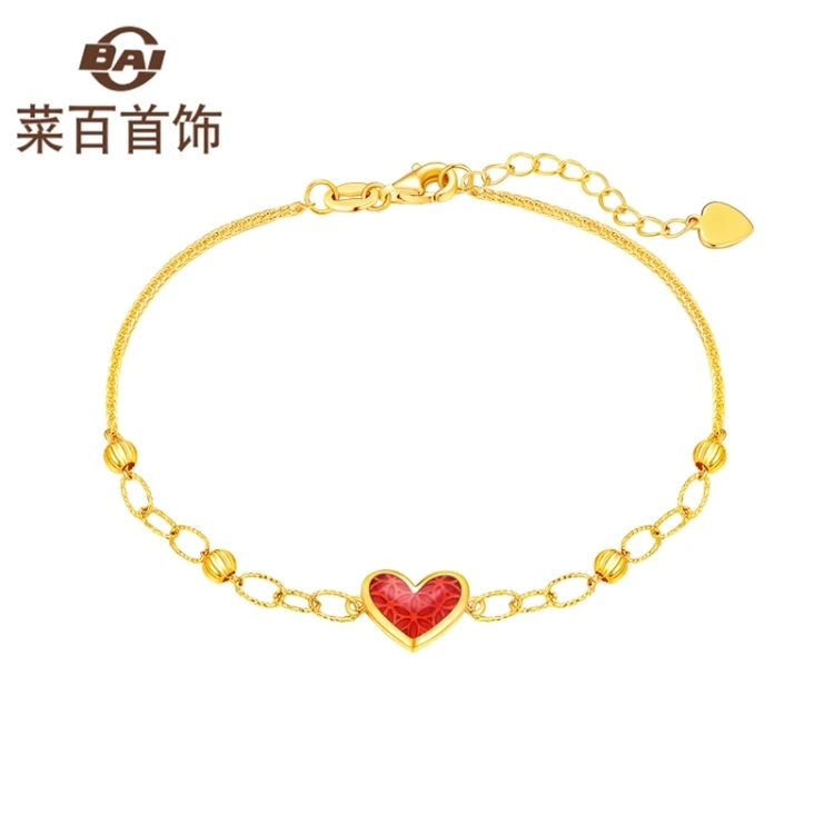菜百首饰 黄金手链 足金喜悦系列 5G闪耀金时尚简约烤彩红心手链
