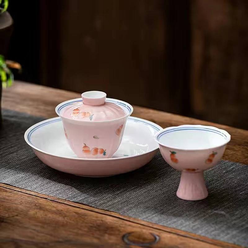 粉色女士盖碗手绘葫芦可爱家用泡茶功夫茶具绿竹节五大名窑闻香杯